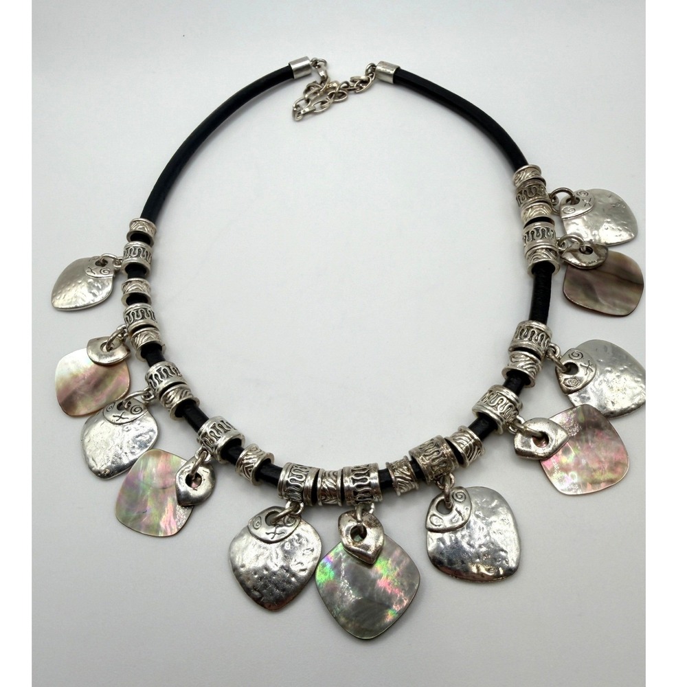 Boho Waxed Cord Necklace w‎ Sliding Silver Medallions & Abalone Shell Charms
